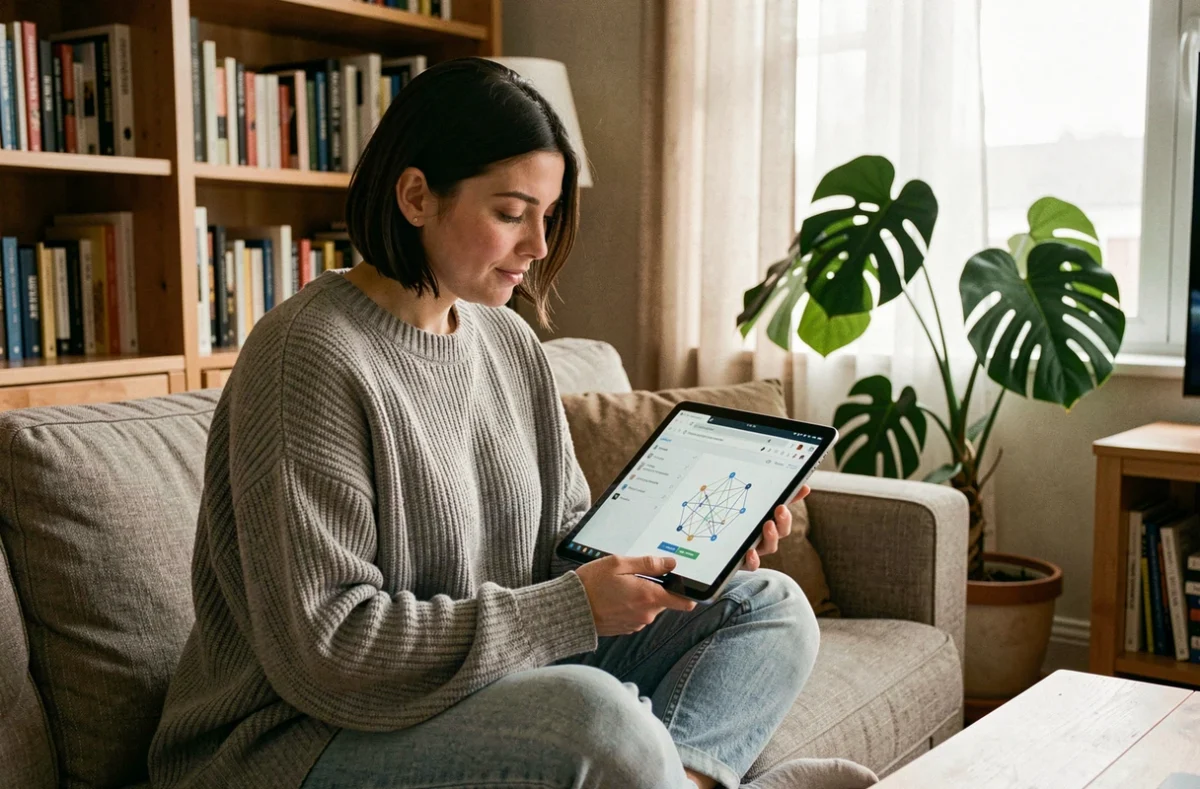Jeune femme comparant Internet et le Web sur une tablette dans un salon confortable et moderne