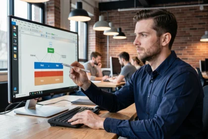 Ingénieur expliquant la différence entre Internet et le Web sur un écran avec un diagramme en couches dans un bureau moderne