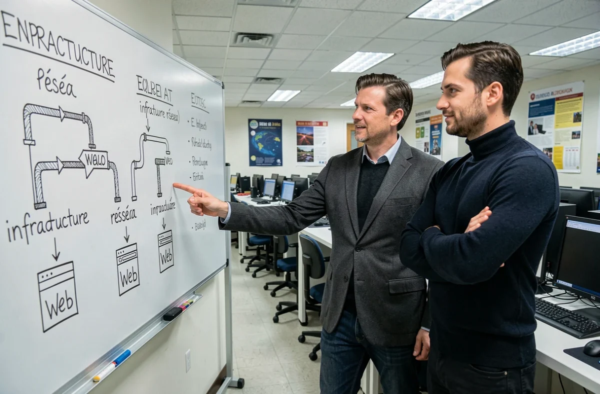Deux professeurs discutant de l'analogie entre Internet et le Web devant un tableau blanc dans une salle informatique universitaire