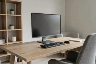 Bureau de travail moderne avec écran 24 pouces posé sur un bureau en bois, vue de face montrant l'espace occupé sur la surface