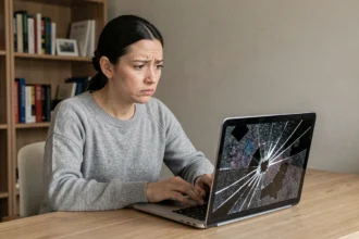 Femme inquiète face à un écran de MacBook cassé avec des fissures et des pixels défaillants sur son bureau à domicile