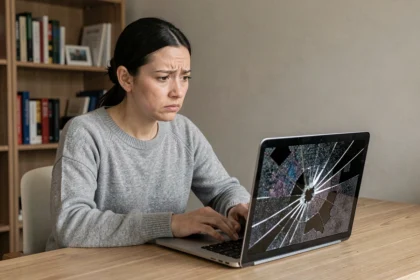 Femme inquiète face à un écran de MacBook cassé avec des fissures et des pixels défaillants sur son bureau à domicile