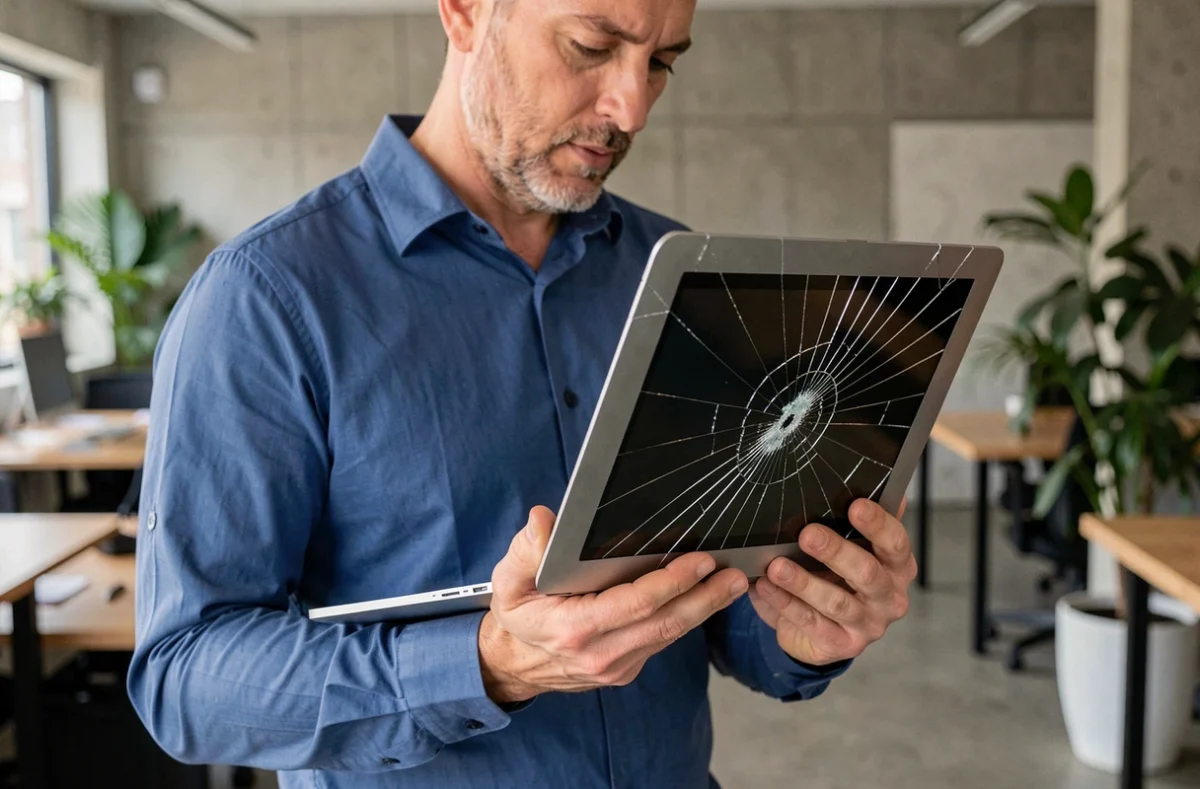 Homme tenant un MacBook avec un écran fissuré en étoile dans un espace de coworking moderne