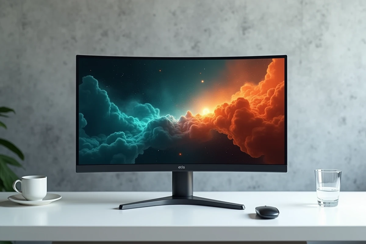 Écran OLED 27 pouces posé sur un bureau minimaliste blanc affichant des couleurs contrastées pour le gaming