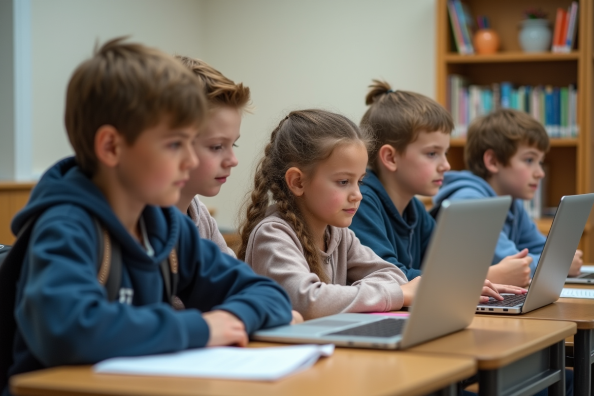 Groupe d'élèves de collège en collaboration en classe