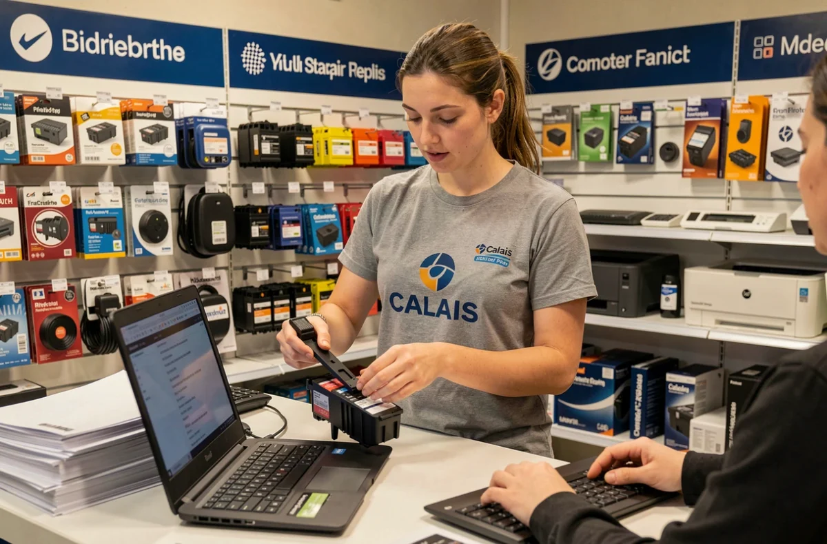 Technicienne d'Elys Informatique Elys-Prink présentant des consommables d'impression dans sa boutique à Calais