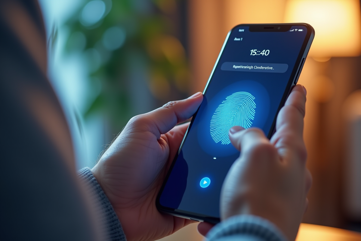 Main posant un doigt sur un smartphone enregistrement empreinte