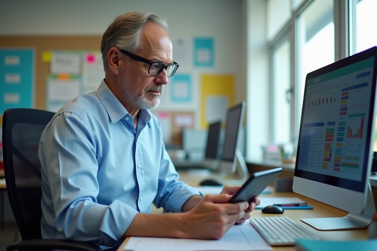 Professeur vérifiant la progression des élèves sur un écran