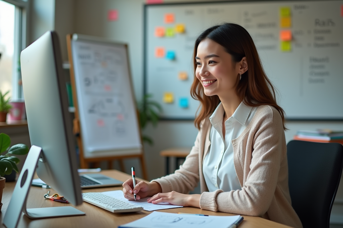 Professeure vérifiant des devoirs dans une classe moderne