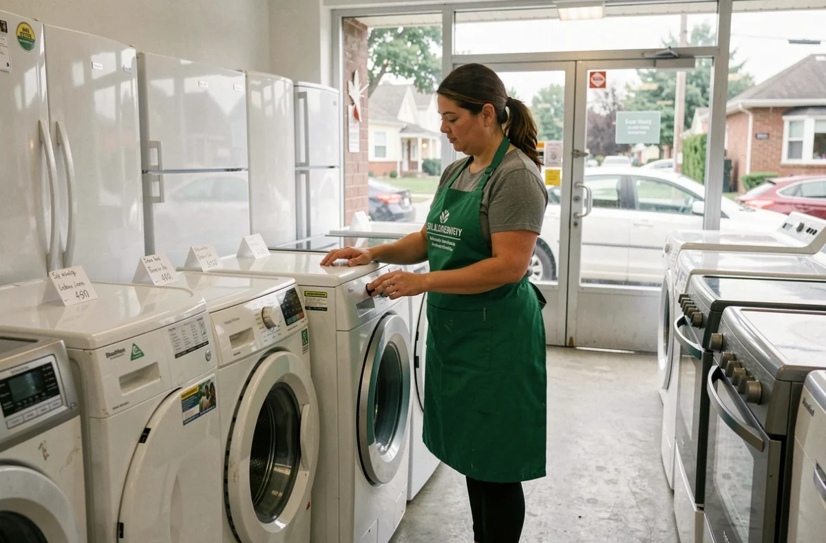 Employée Envie Électroménager testant un lave-linge reconditionné dans un magasin solidaire
