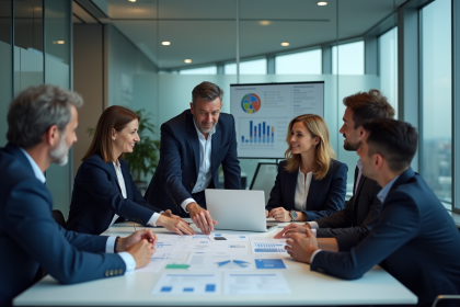 Groupe de professionnels discutant stratégie CRM en réunion