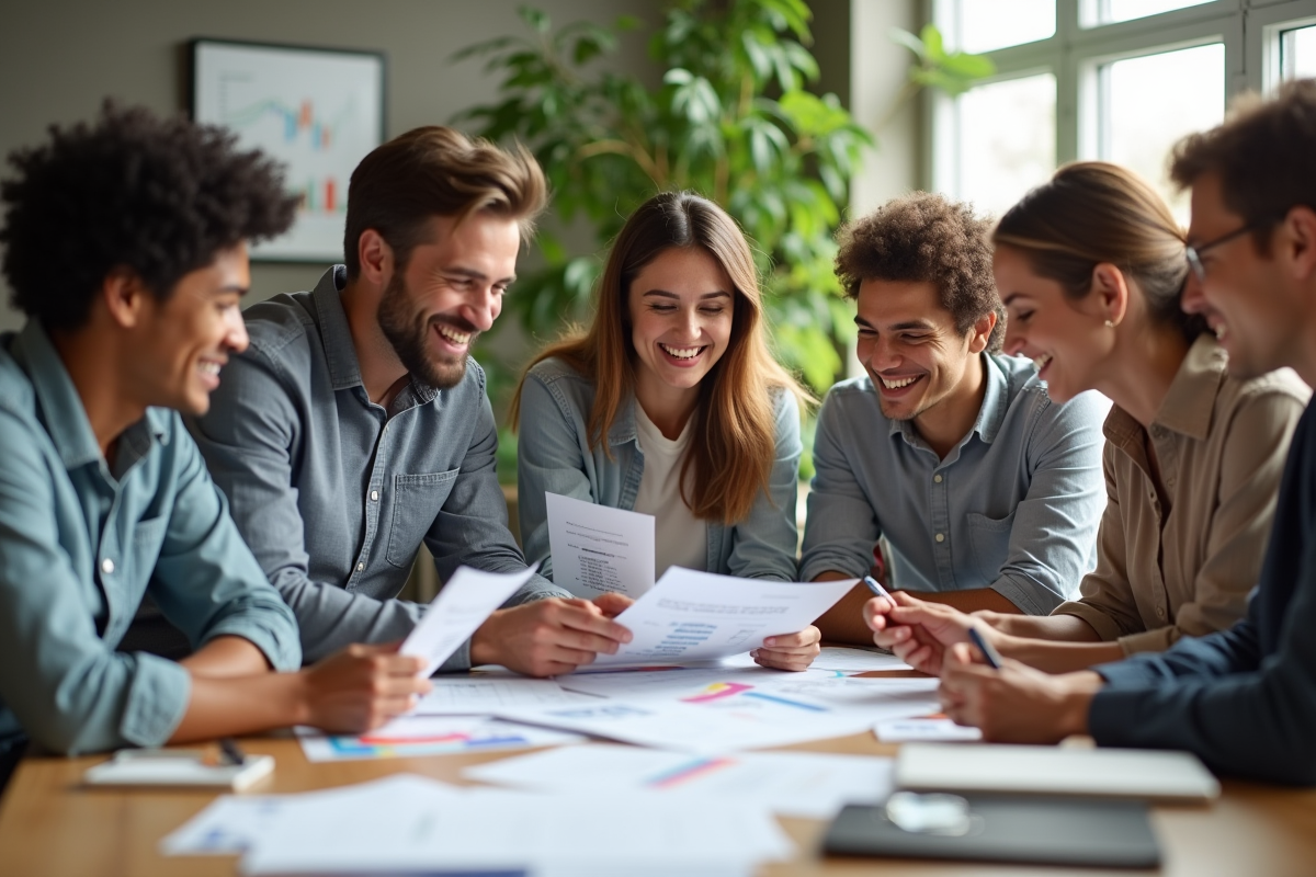 Groupe de collègues souriants collaborant autour de documents logiciels