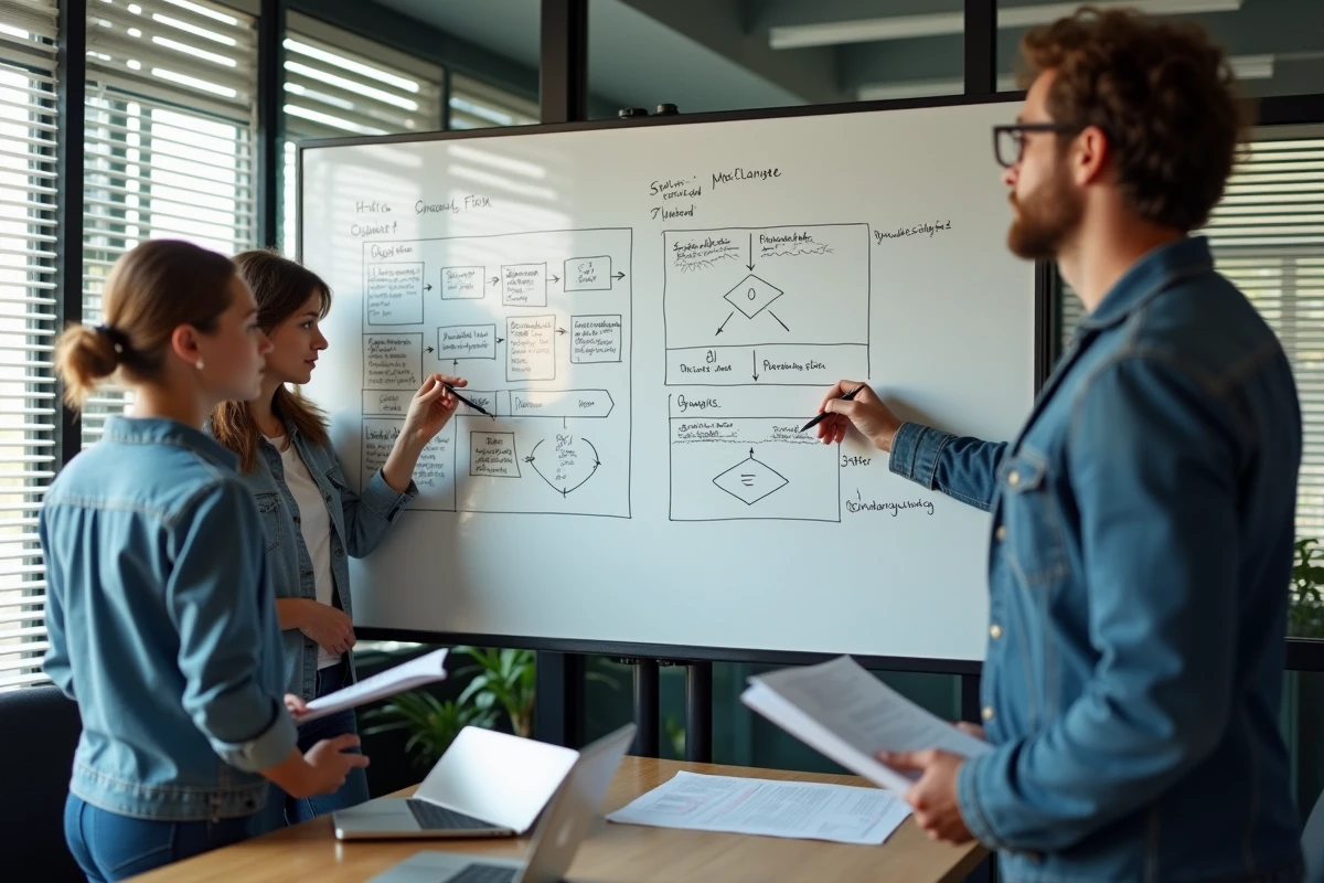 Équipe de game designers discutant de l'UX et des flux de mécaniques de jeu devant un tableau blanc dans un studio de développement