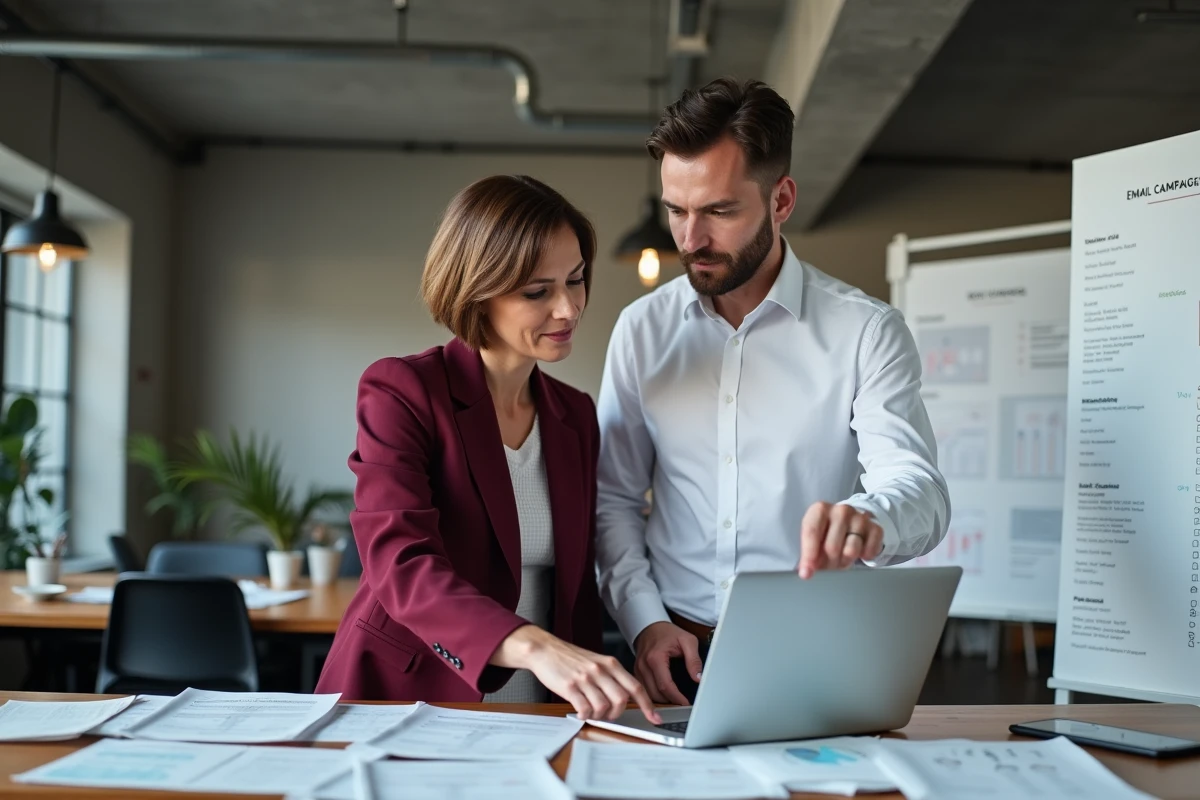 Deux professionnels du marketing analysant ensemble les prix et formules d'un logiciel emailing dans un espace de coworking