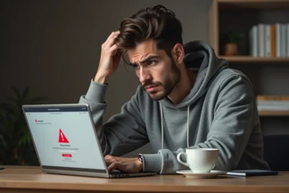 Homme frustré devant un écran d'erreur de connexion sur un site web