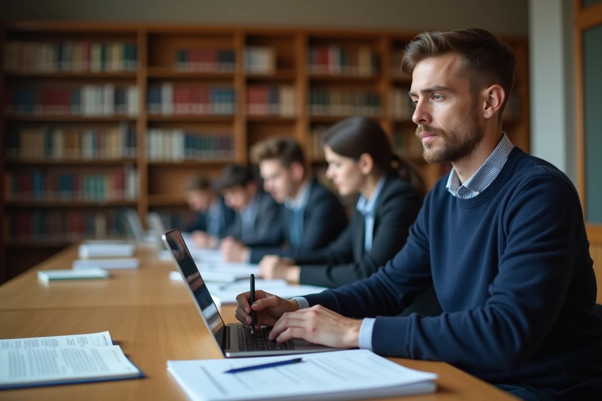 Étudiant utilisant une intelligence artificielle comme Juriv pour préparer ses examens dans une bibliothèque universitaire