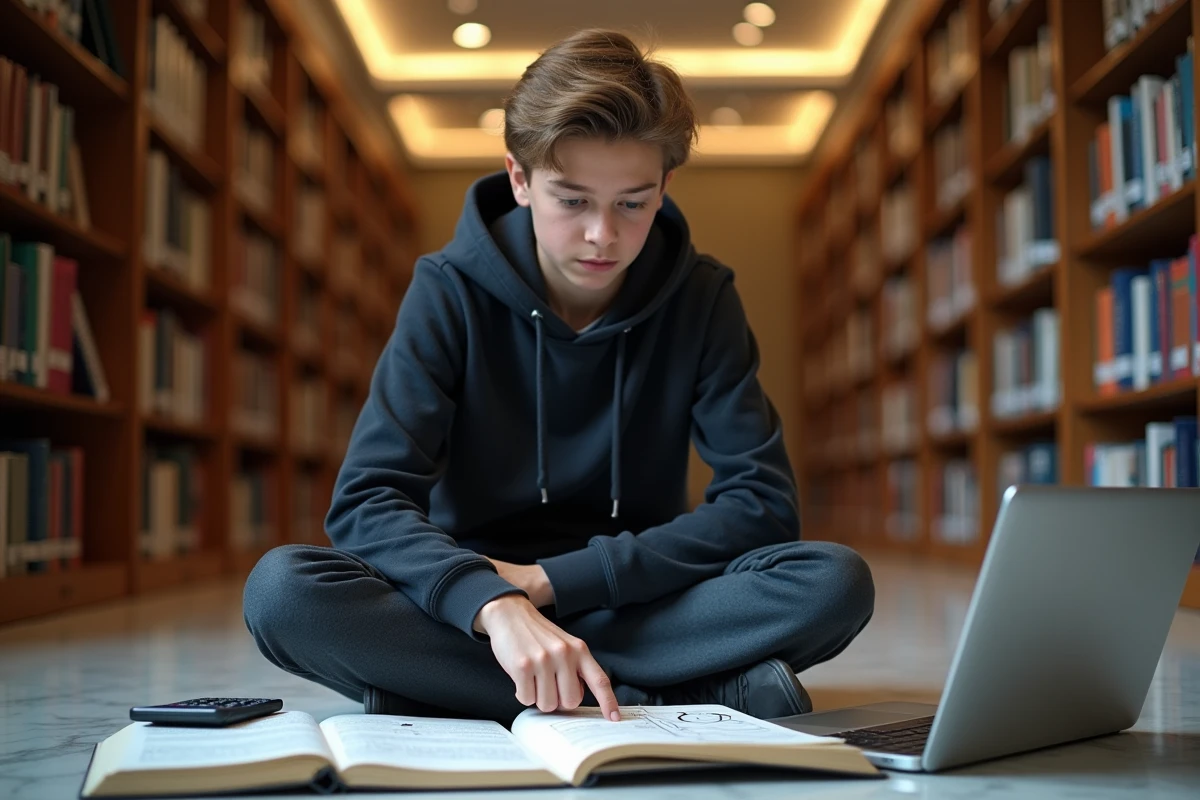 Étudiant révisant les conversions d'unités numériques Go et Mo dans une bibliothèque universitaire
