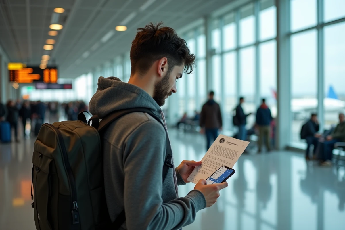 Étudiant en départ pour un stage à l'étranger consultant les documents de mobilité internationale ESIGELEC dans un aéroport