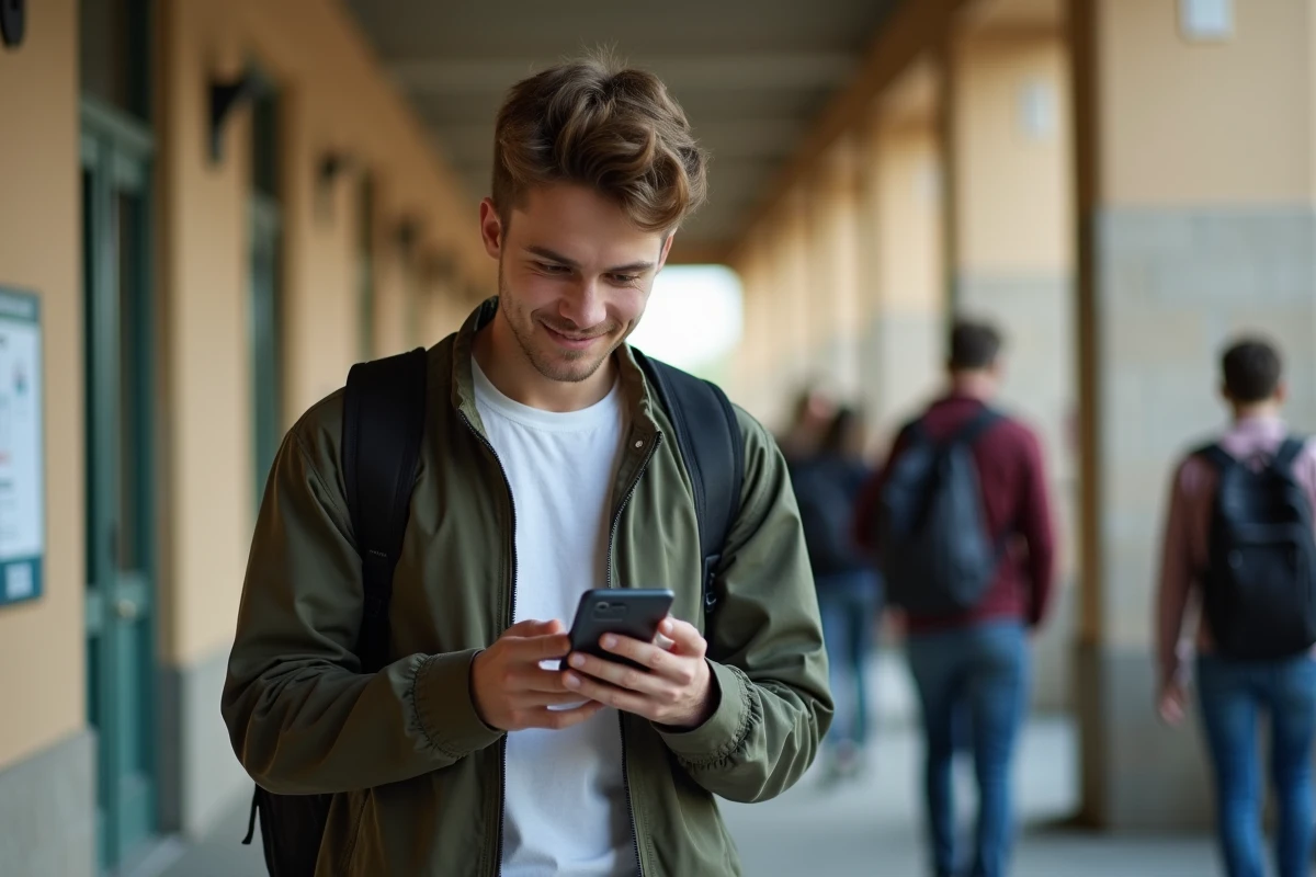 Étudiant consultant son espace numérique de travail ENT sur smartphone dans un couloir universitaire