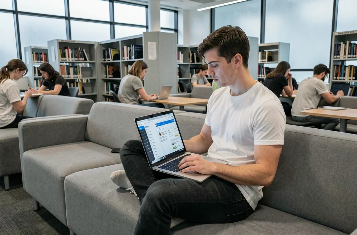 Étudiant consultant l'espace numérique de travail UGA LEO dans une bibliothèque universitaire