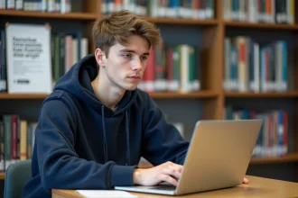 Jeune étudiant concentré sur son ordinateur dans la bibliothèque