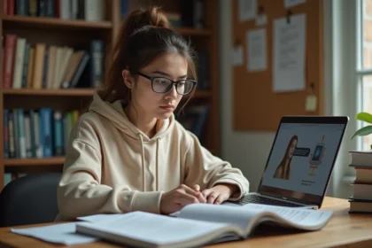 Étudiante en droit révisant ses partiels avec une IA sur son ordinateur portable, entourée de livres juridiques et de notes imprimées