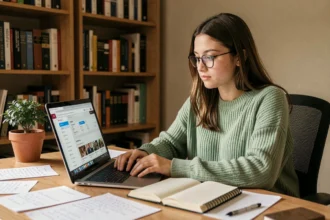 Étudiante utilisant l'intranet UGA LEO sur son ordinateur portable depuis son bureau à domicile