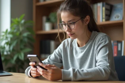 Étudiante configurant la messagerie académique de Montpellier sur son smartphone Android
