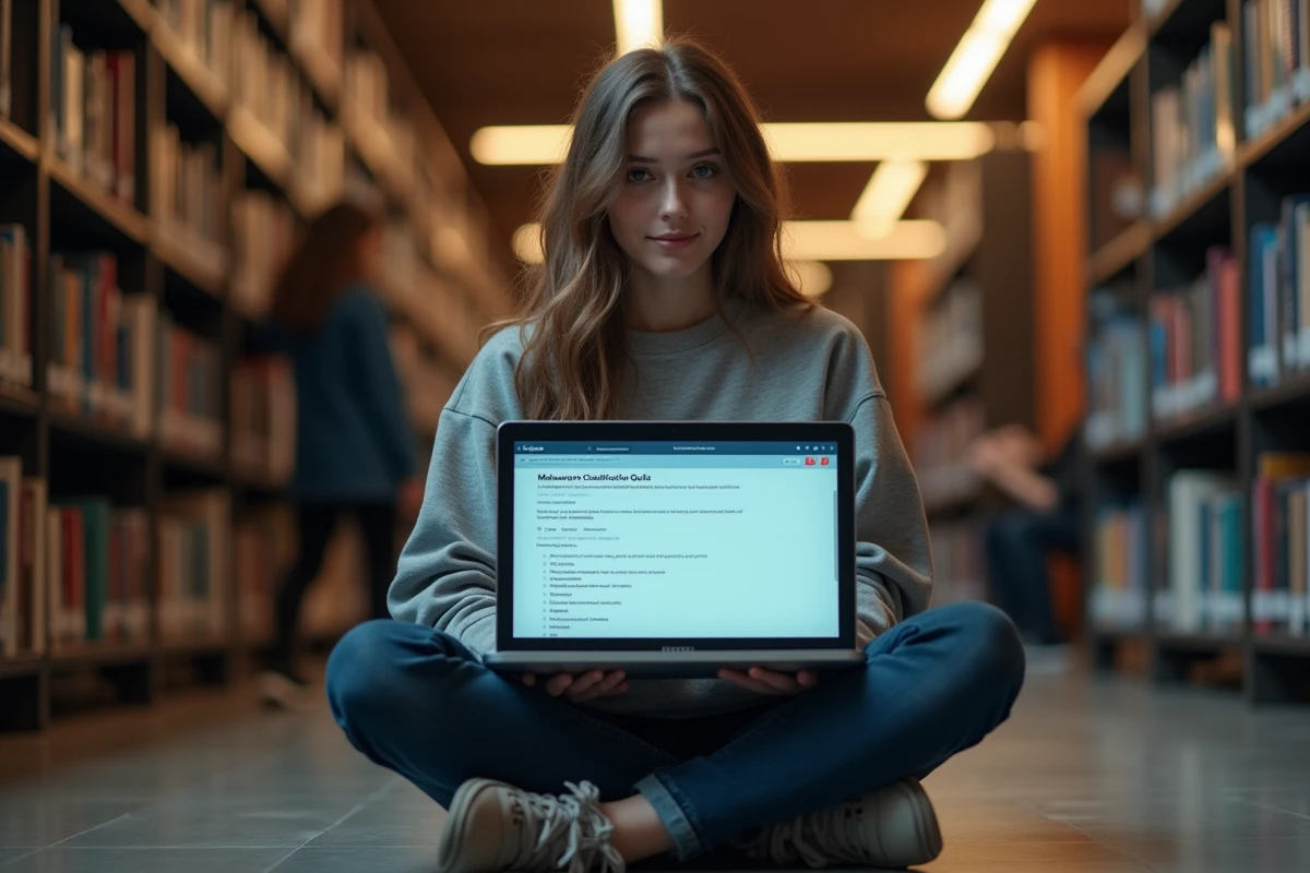 Étudiante révisant les catégories de malwares sur son ordinateur portable dans une bibliothèque universitaire