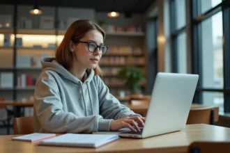 Étudiante consultant son webmail académique sur un ordinateur portable dans une bibliothèque universitaire