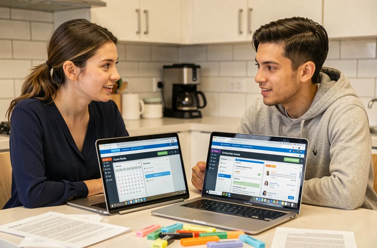 Deux étudiants travaillant ensemble sur l'intranet LEO de l'Université Grenoble Alpes depuis leur appartement