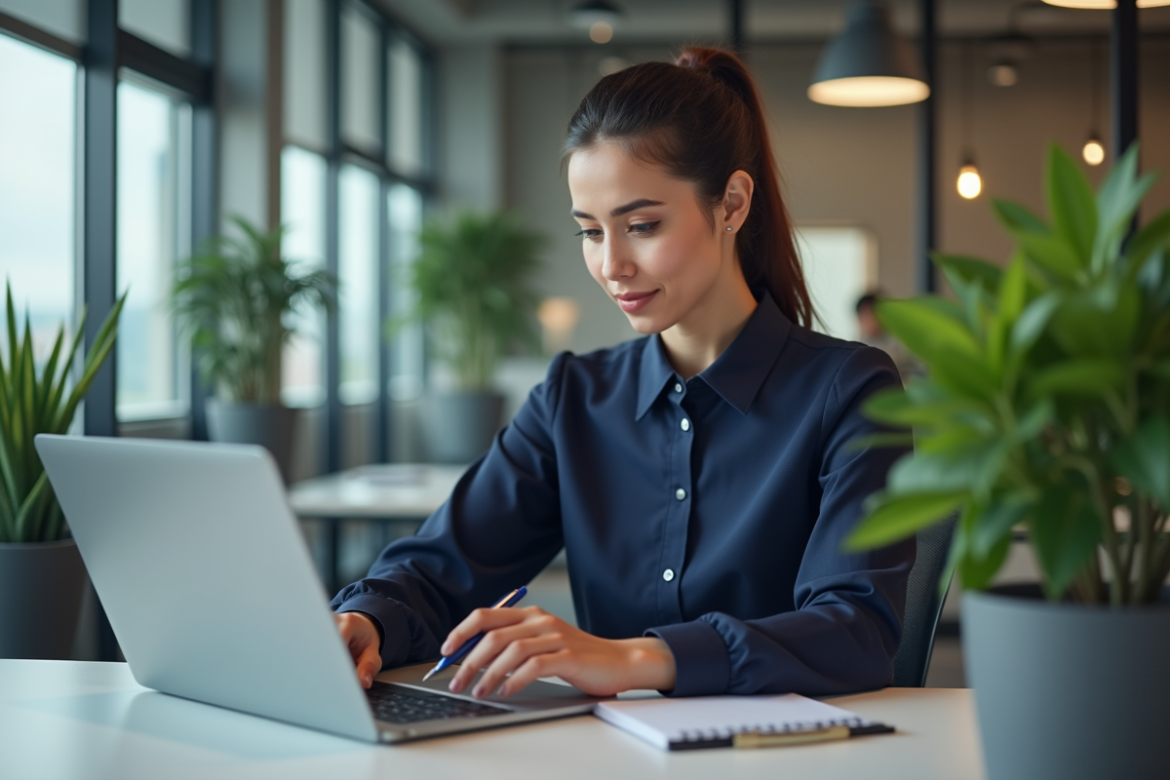 Femme professionnelle analysant des données SEO au bureau