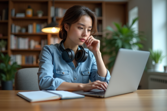 Jeune femme professionnelle analysant des métriques SEO sur un ordinateur