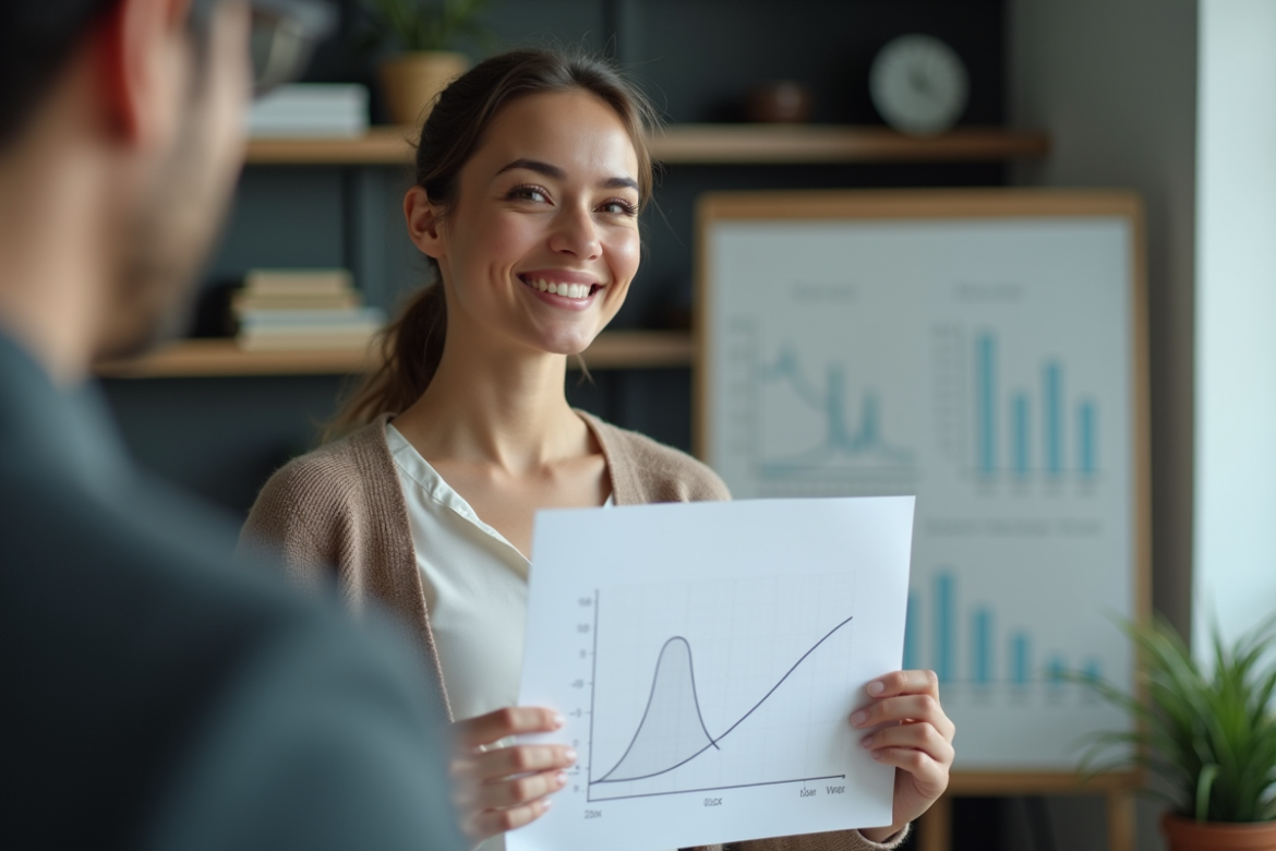 Jeune femme professionnelle expliquant un graphique dans un bureau moderne