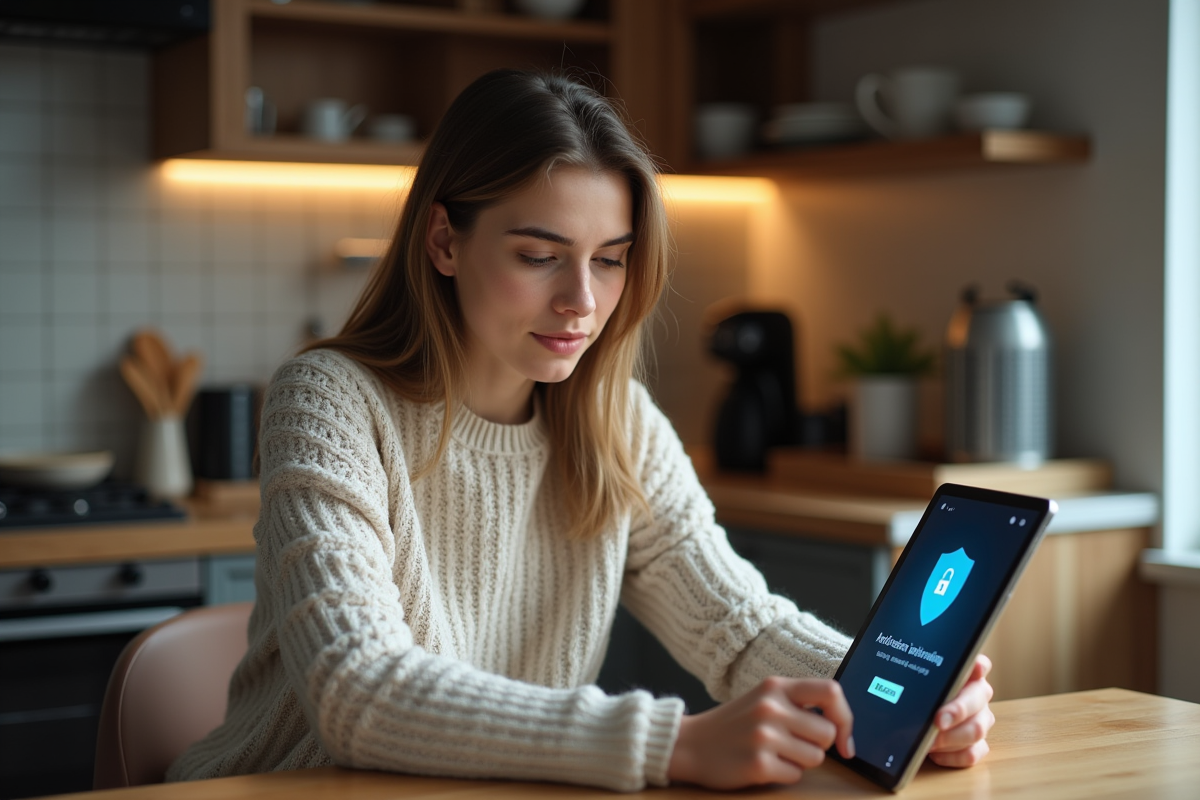 Jeune femme utilisant une tablette pour un scan antivirus à la maison