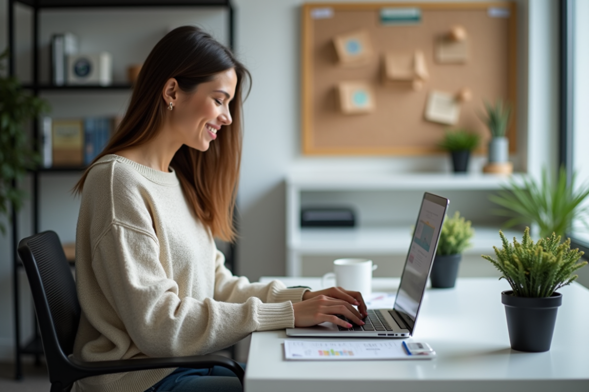 Femme souriante travaillant sur un audit SEO sur son ordinateur