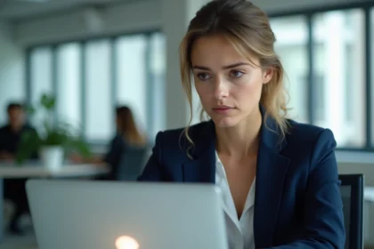 Femme au bureau regardant avec méfiance un écran d'ordinateur affichant une interface d'email douteuse, symbolisant les risques des faux services de messagerie temporaire