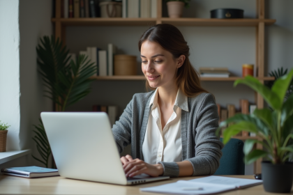 Femme concentrée travaillant sur son ordinateur dans un bureau à domicile