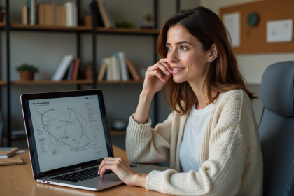 Jeune femme au bureau regardant un diagramme web