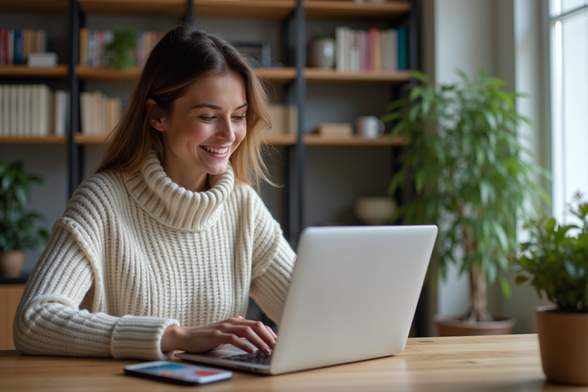 Femme souriante travaillant sur son ordinateur à domicile