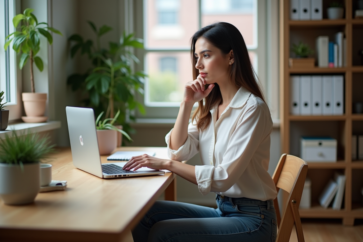 Femme en bureau lumineux explorant son ordinateur portable