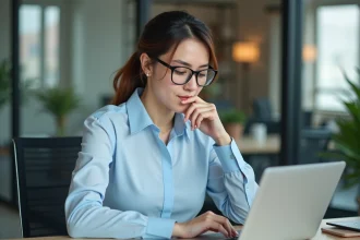 Femme professionnelle au bureau utilisant son ordinateur et smartphone