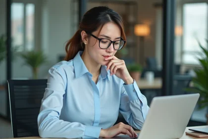 Femme professionnelle au bureau utilisant son ordinateur et smartphone