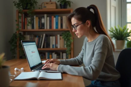 Jeune femme frustrée travaillant sur son ordinateur dans un bureau moderne