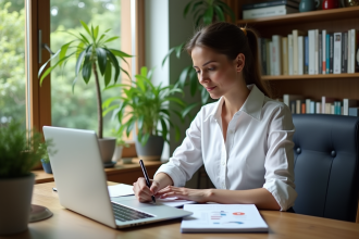 Femme en bureau analysant un tableau sur ordinateur