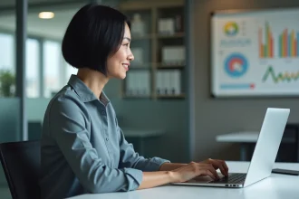 Femme au bureau travaillant sur un ordinateur portable