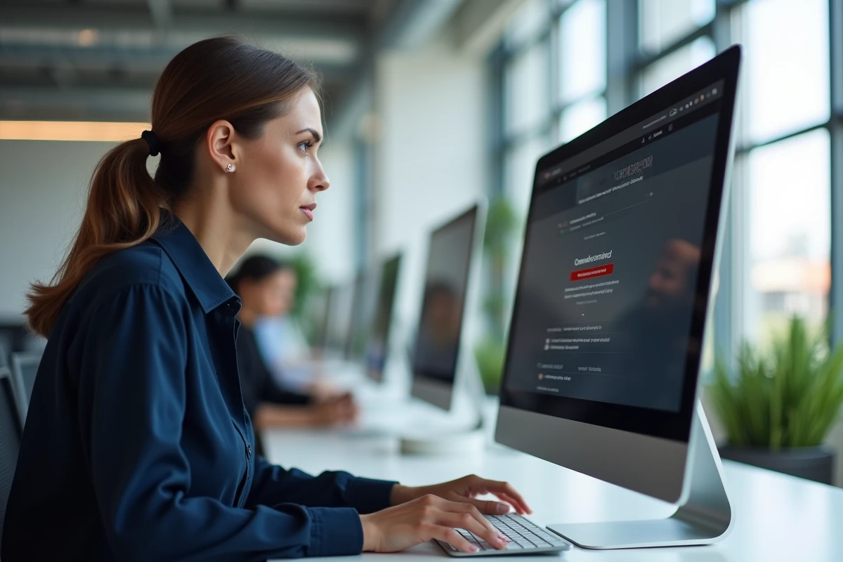 Femme en bureau tentant de se connecter à un site web inaccessible