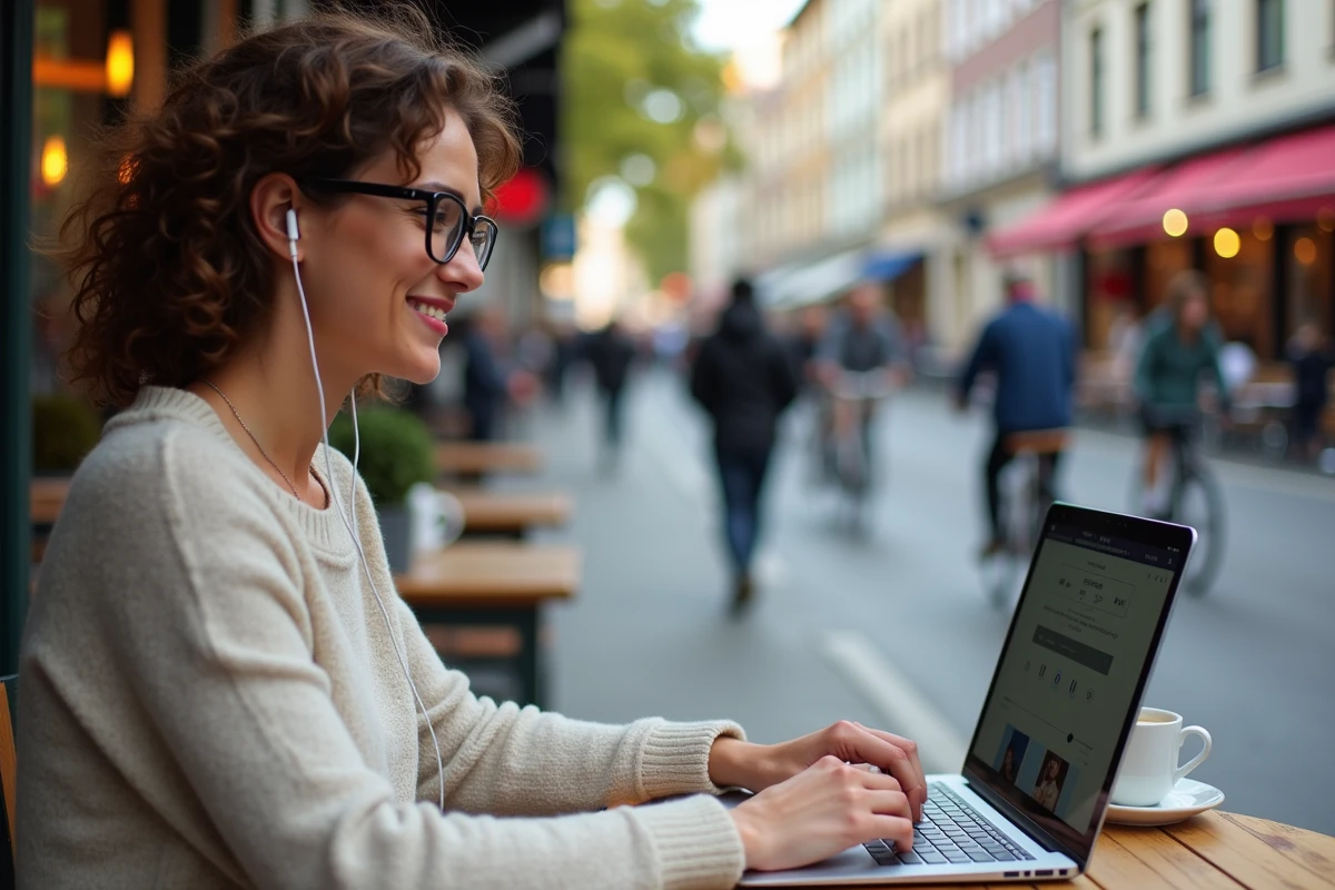 Femme au café en ville utilisant un convertisseur MP3 sur son portable