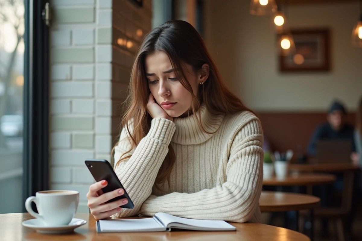 Jeune femme au café regardant son smartphone avec inquiétude