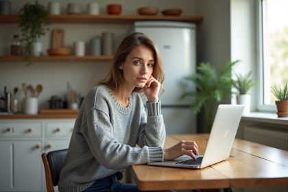 Femme assise à une table de cuisine moderne avec ordinateur
